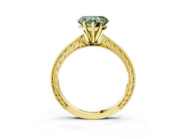 Yellow gold Fancy Green Heart Cut Solitaire Milgrain Engraved Band with Four-Prong Setting