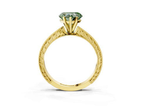 Yellow gold Fancy Green Heart Cut Solitaire Milgrain Engraved Band with Four-Prong Setting_3