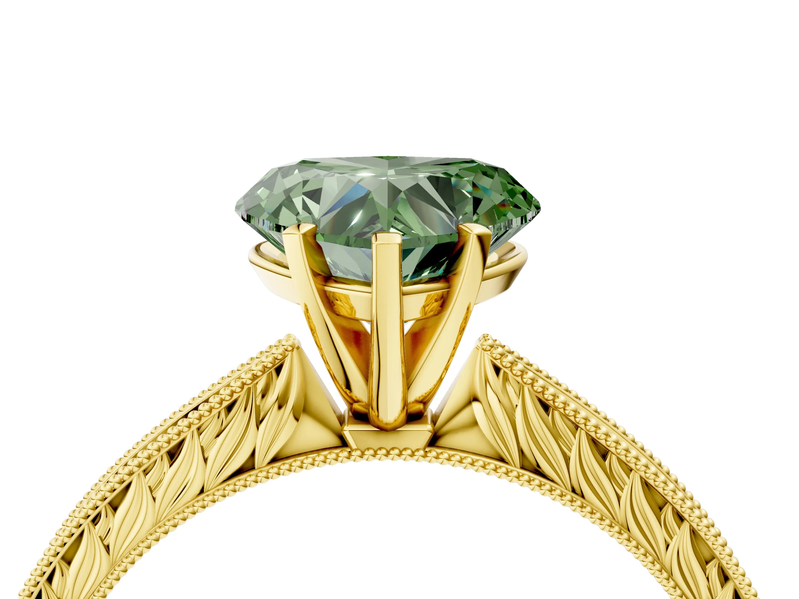 Yellow gold Fancy Green Heart Cut Solitaire Milgrain Engraved Band with Four-Prong Setting_4