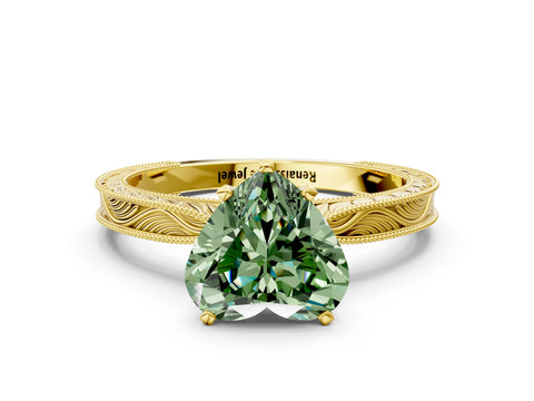Yellow gold Fancy Green Heart Cut Solitaire Milgrain Engraved Band with Four-Prong Setting