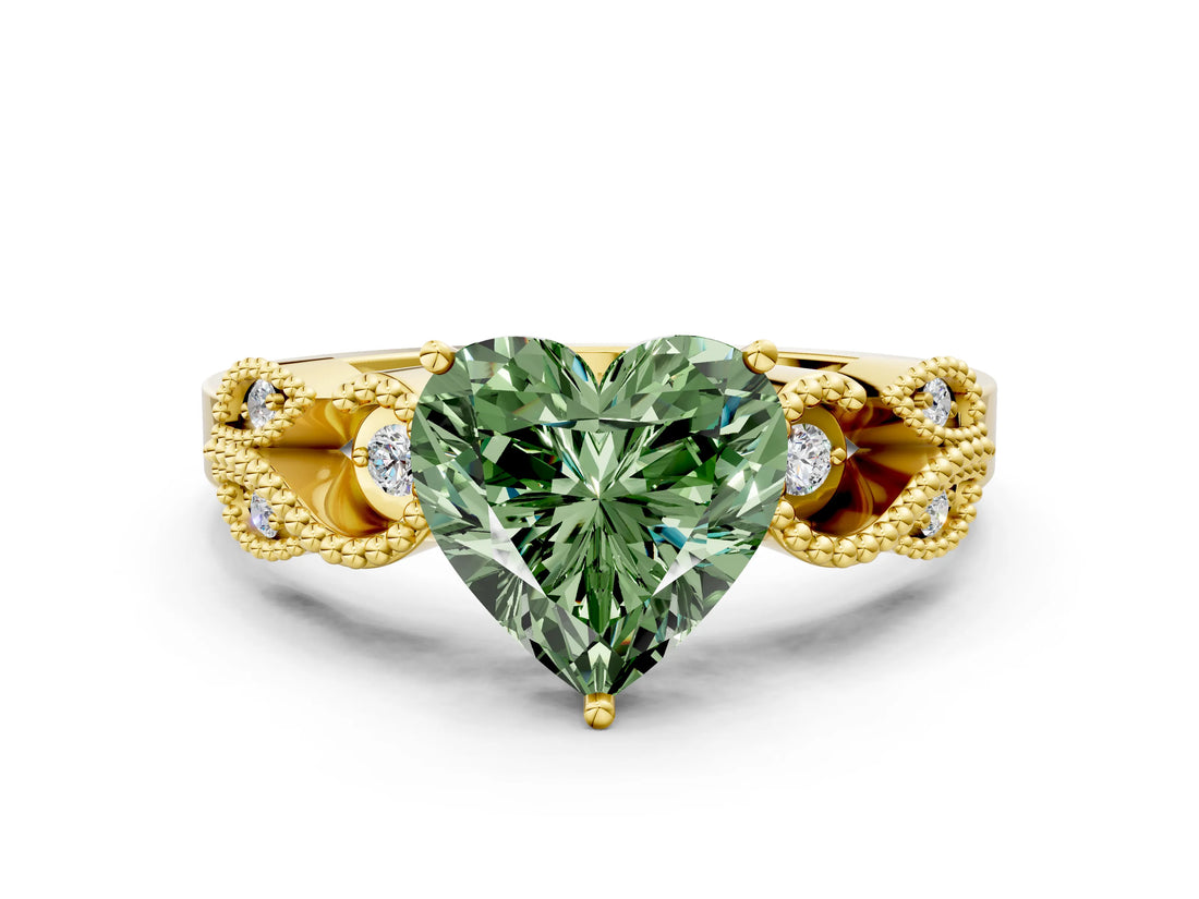 Yellow gold Fancy Green Heart Cut Solitaire Milgrain Leaf Band with Prong Setting