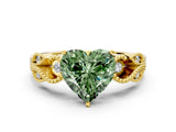 Yellow gold Fancy Green Heart Cut Solitaire Milgrain Leaf Band with Prong Setting