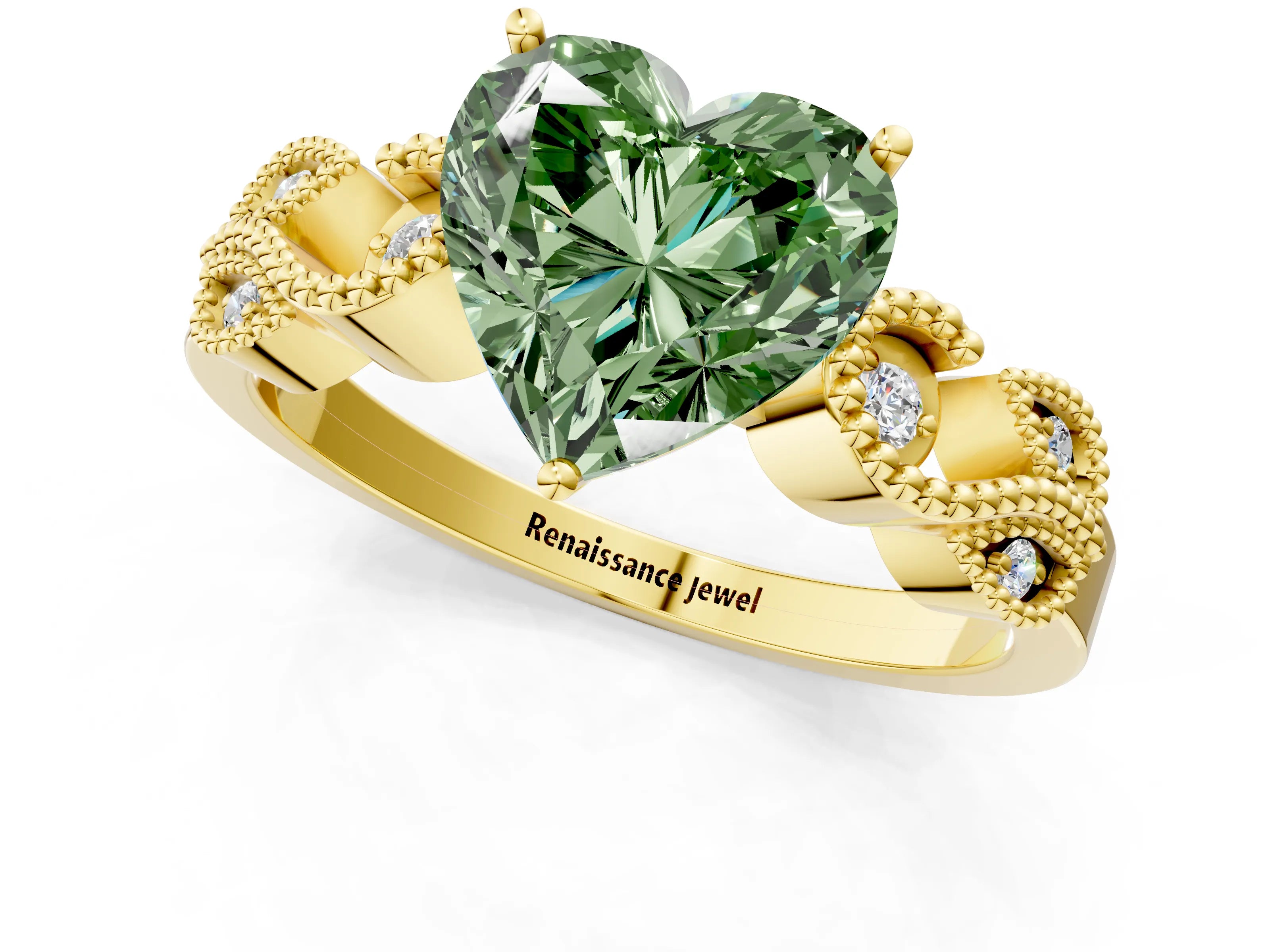 Yellow gold Fancy Green Heart Cut Solitaire Milgrain Leaf Band with Prong Setting_1
