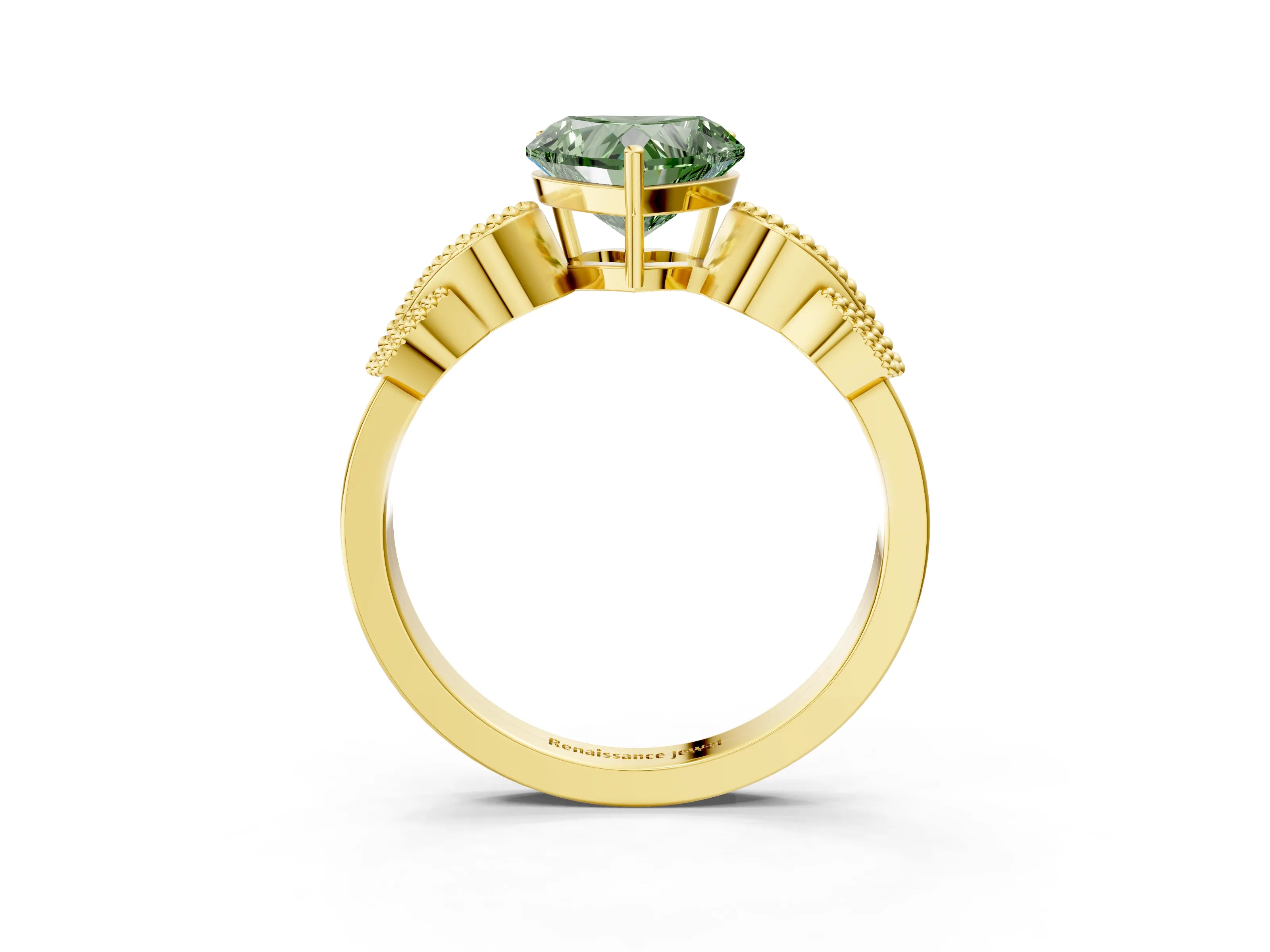 Yellow gold Fancy Green Heart Cut Solitaire Milgrain Leaf Band with Prong Setting_3