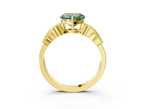 Yellow gold Fancy Green Heart Cut Solitaire Milgrain Leaf Band with Prong Setting_3