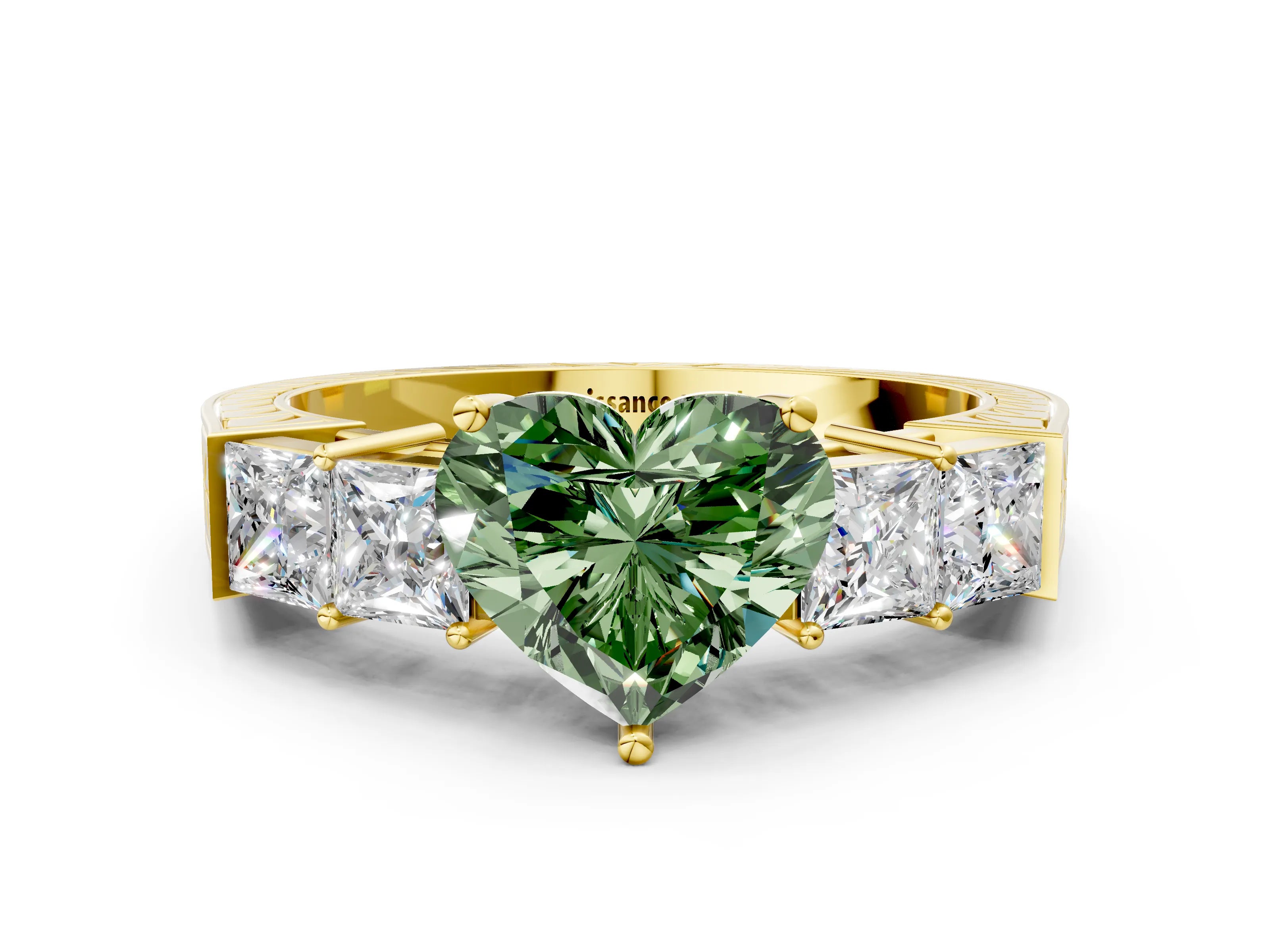 Yellow gold Fancy Green Heart Cut Solitaire Princess Side Stone Engraved Band Prong Setting Ring