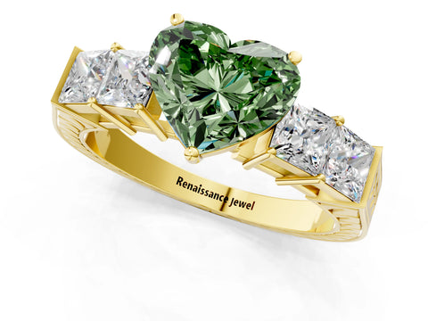 Yellow gold Fancy Green Heart Cut Solitaire Princess Side Stone Engraved Band Prong Setting Ring_1