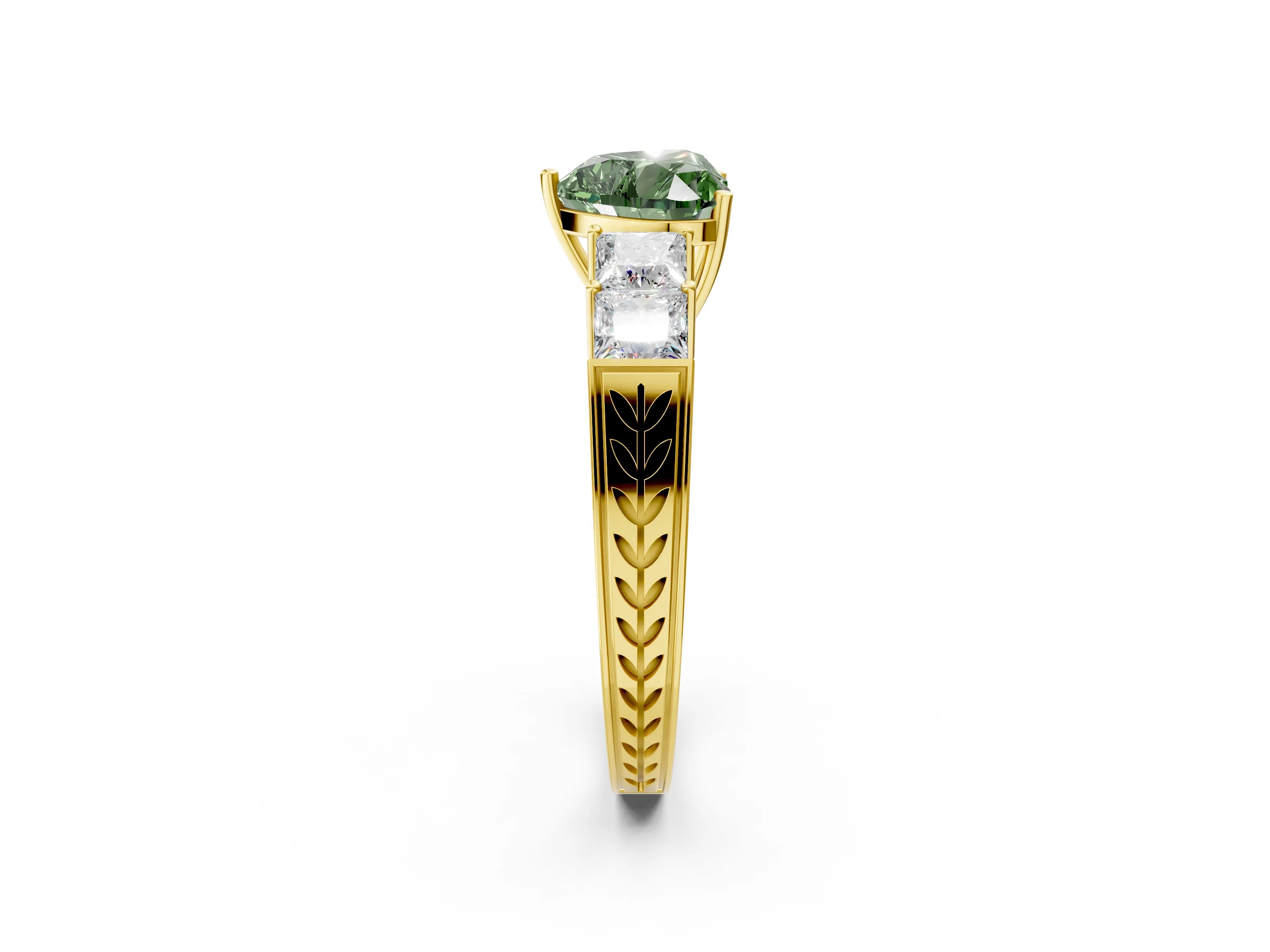 Yellow gold Fancy Green Heart Cut Solitaire Princess Side Stone Engraved Band Prong Setting Ring_2