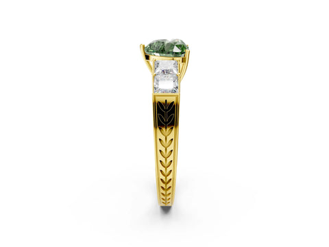 Yellow gold Fancy Green Heart Cut Solitaire Princess Side Stone Engraved Band Prong Setting Ring_2