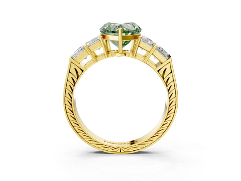 Yellow gold Fancy Green Heart Cut Solitaire Princess Side Stone Engraved Band Prong Setting Ring_3