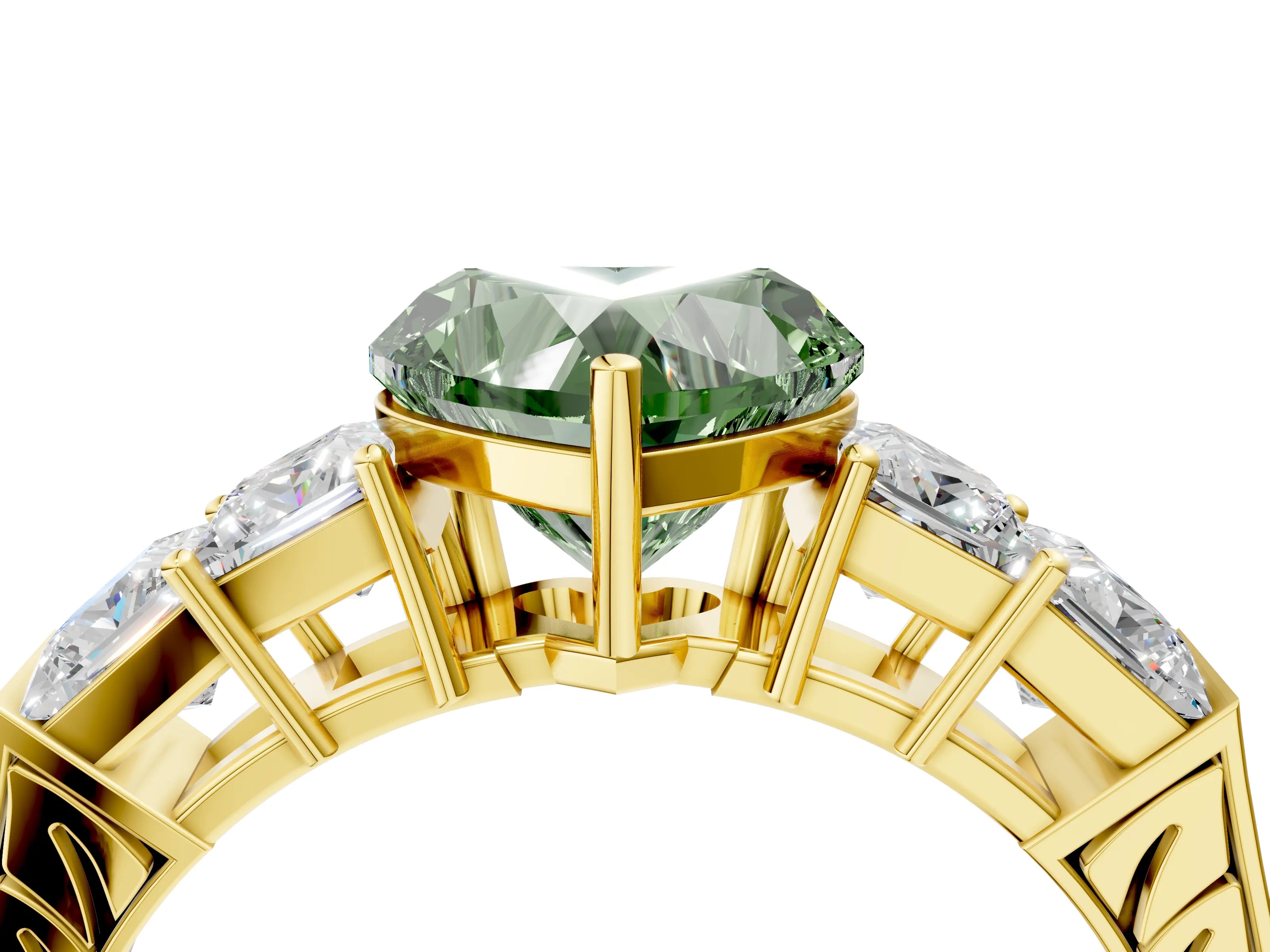 Yellow gold Fancy Green Heart Cut Solitaire Princess Side Stone Engraved Band Prong Setting Ring_4