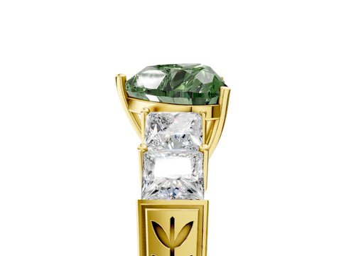 Yellow gold Fancy Green Heart Cut Solitaire Princess Side Stone Engraved Band Prong Setting Ring_5