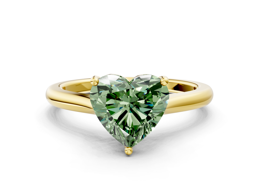 Yellow gold Fancy Green Heart  Cut Solitaire Ring with Cathedral Band and Four-Prong Setting