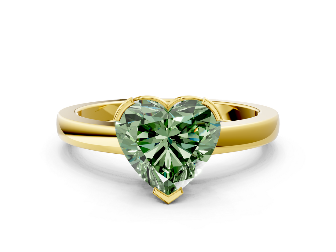 Yellow gold Fancy Green Heart  Cut Solitaire Ring with Four-Prong Setting and Classic Band