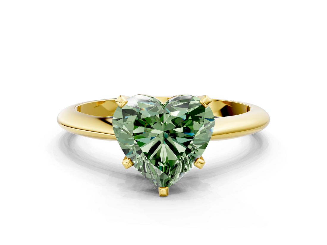 Yellow gold Fancy Green Heart  Cut Solitaire Ring with Four-Prong Setting on a Classic Band