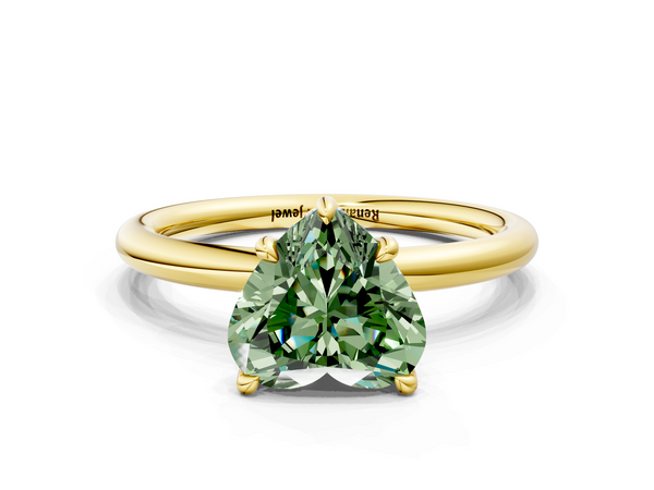 Yellow gold Fancy Green Heart Cut Diamond Solitaire Ring with Thin Band and Four-Prong Setting