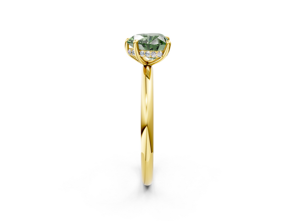 Yellow gold Fancy Green Heart Cut Diamond Solitaire Ring with Thin Band and Four-Prong Setting
