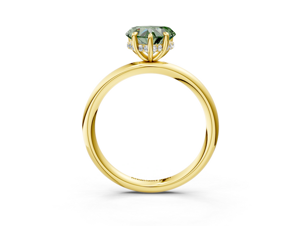 Yellow gold Fancy Green Heart Cut Diamond Solitaire Ring with Thin Band and Four-Prong Setting