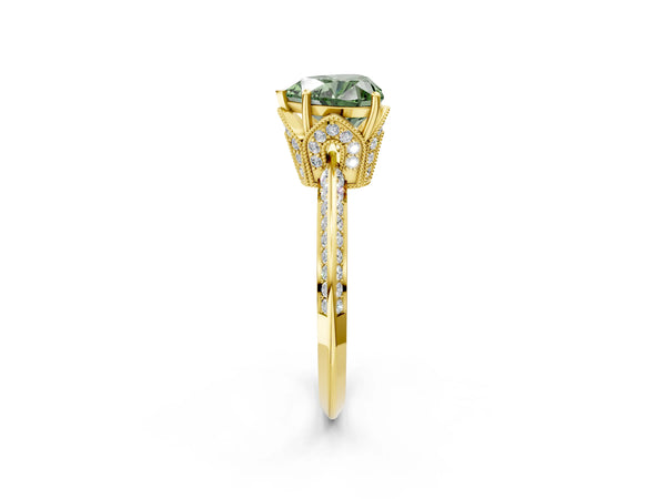 Yellow Gold Heart-Shaped Graduated Pave Engagement Ring Setting for Fancy Green Center