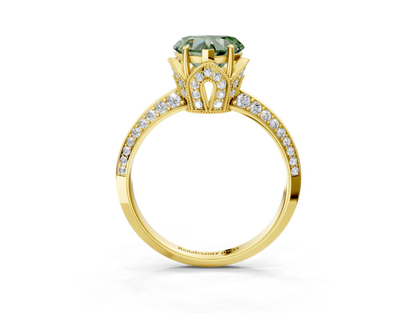 Yellow Gold Heart-Shaped Graduated Pave Engagement Ring Setting for Fancy Green Center