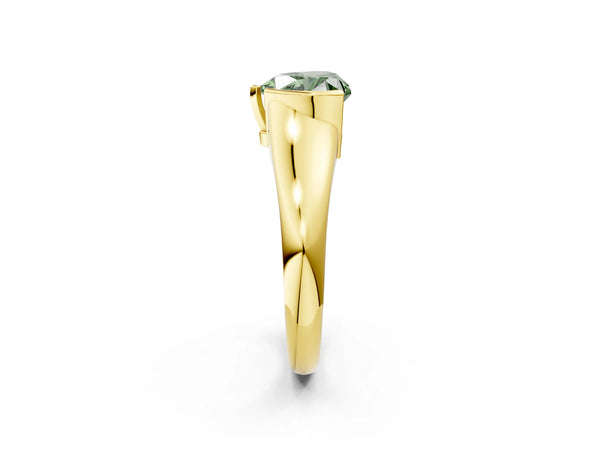 Yellow gold Fancy Green Heart Cut Solitaire Tension Set Diamond Ring with Split Shank Band