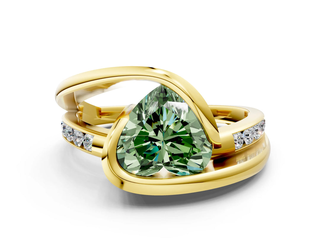 Yellow gold Fancy Green Heart Cut Solitaire Tension-Set Diamond Split Shank Ring_12