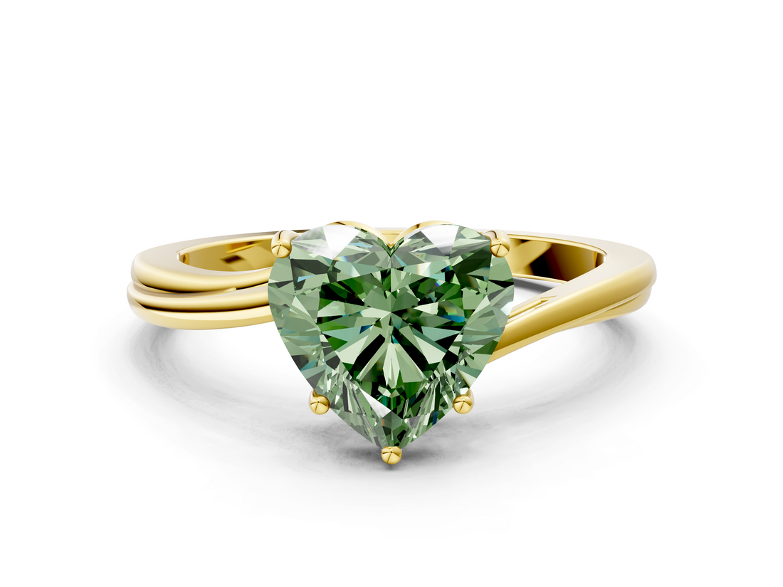 Yellow gold Fancy Green Heart  Cut Solitaire Twist Band Ring with Four-Prong Setting