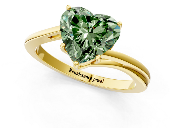 Yellow gold Fancy Green Heart  Cut Solitaire Twist Band Ring with Four-Prong Setting