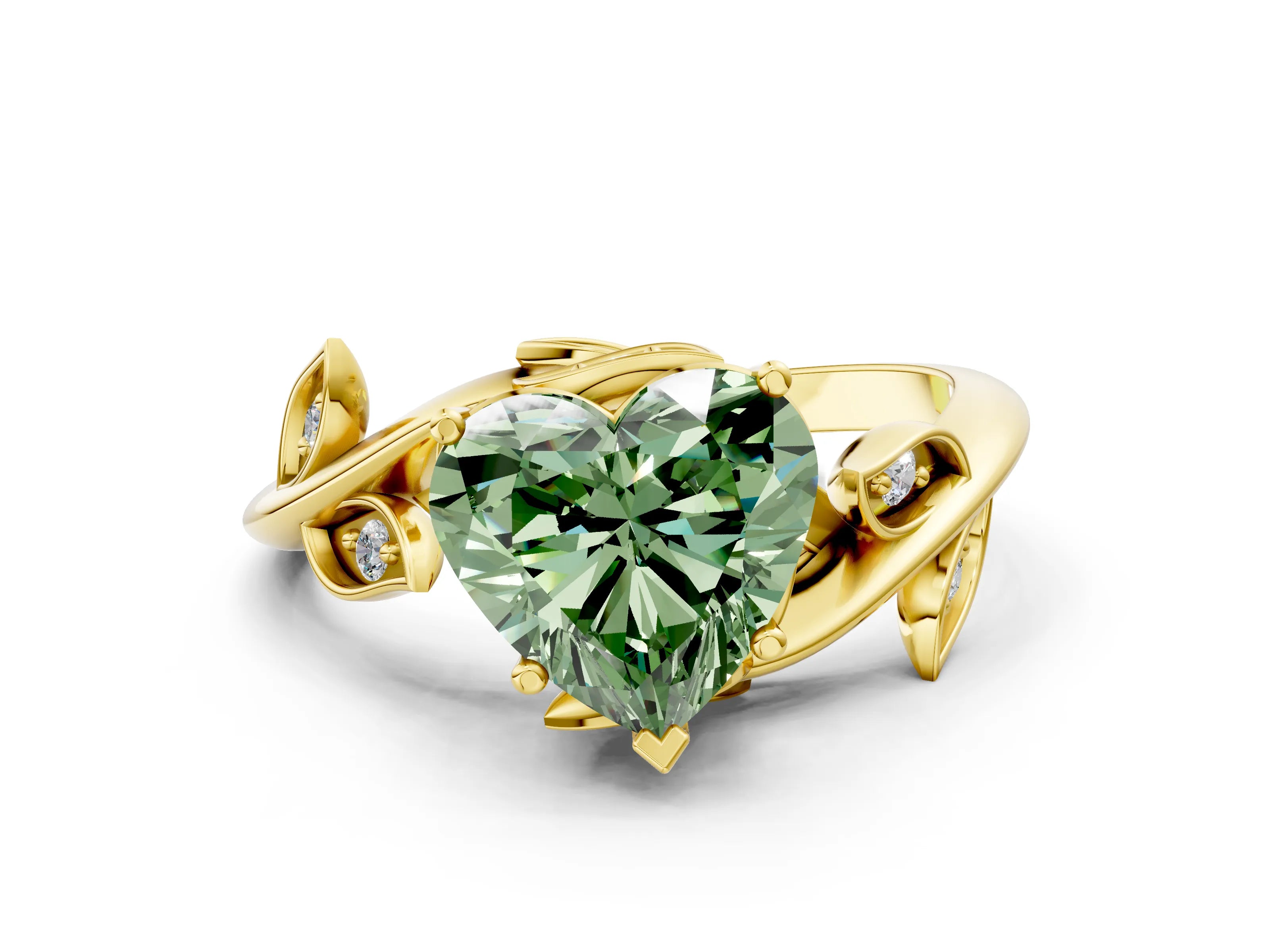 Yellow gold Fancy Green Heart Cut Solitaire Twist Engagement Ring with Leaf Accents and Prong Setting_12