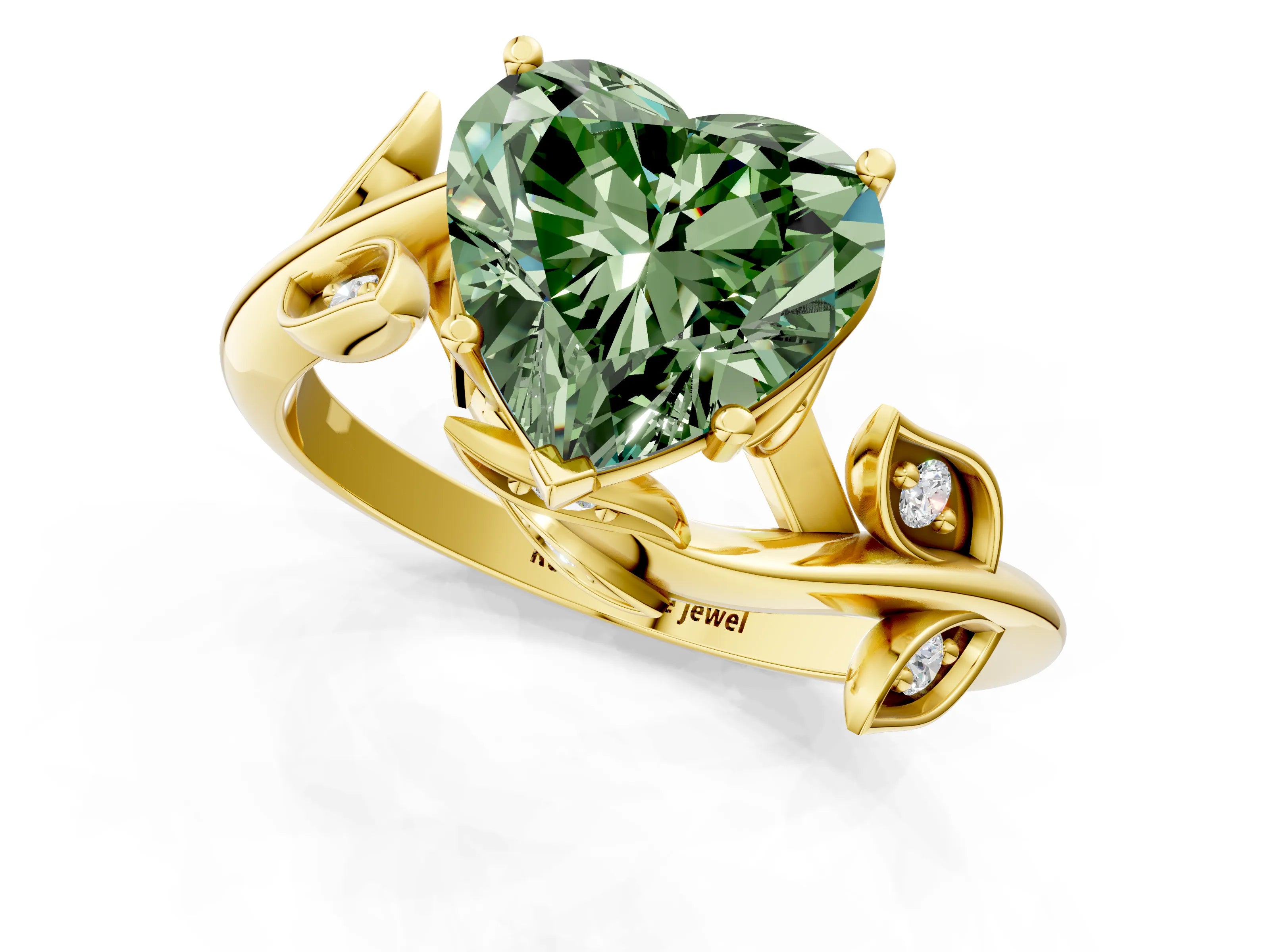 Yellow gold Fancy Green Heart Cut Solitaire Twist Engagement Ring with Leaf Accents and Prong Setting_13