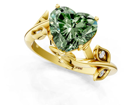 Yellow gold Fancy Green Heart Cut Solitaire Twist Engagement Ring with Leaf Accents and Prong Setting_13