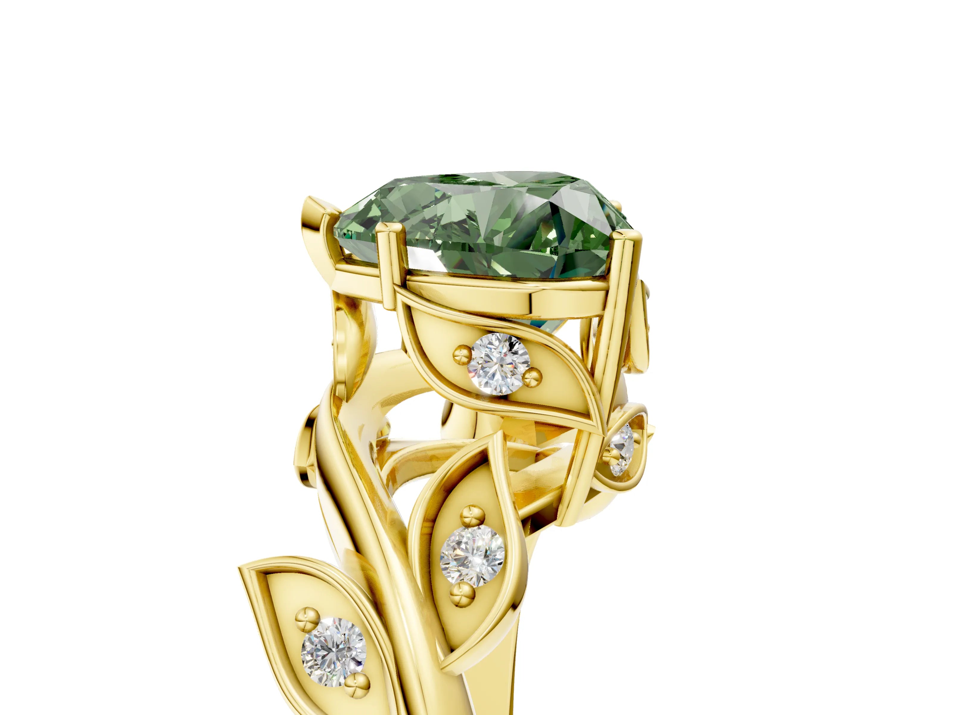 Yellow gold Fancy Green Heart Cut Solitaire Twist Engagement Ring with Leaf Accents and Prong Setting_17