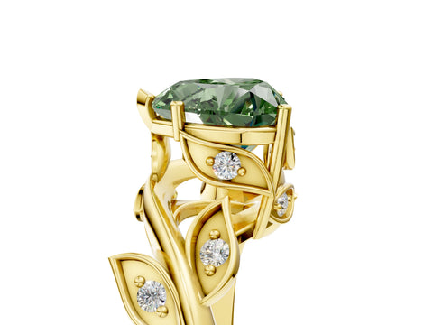 Yellow gold Fancy Green Heart Cut Solitaire Twist Engagement Ring with Leaf Accents and Prong Setting_17