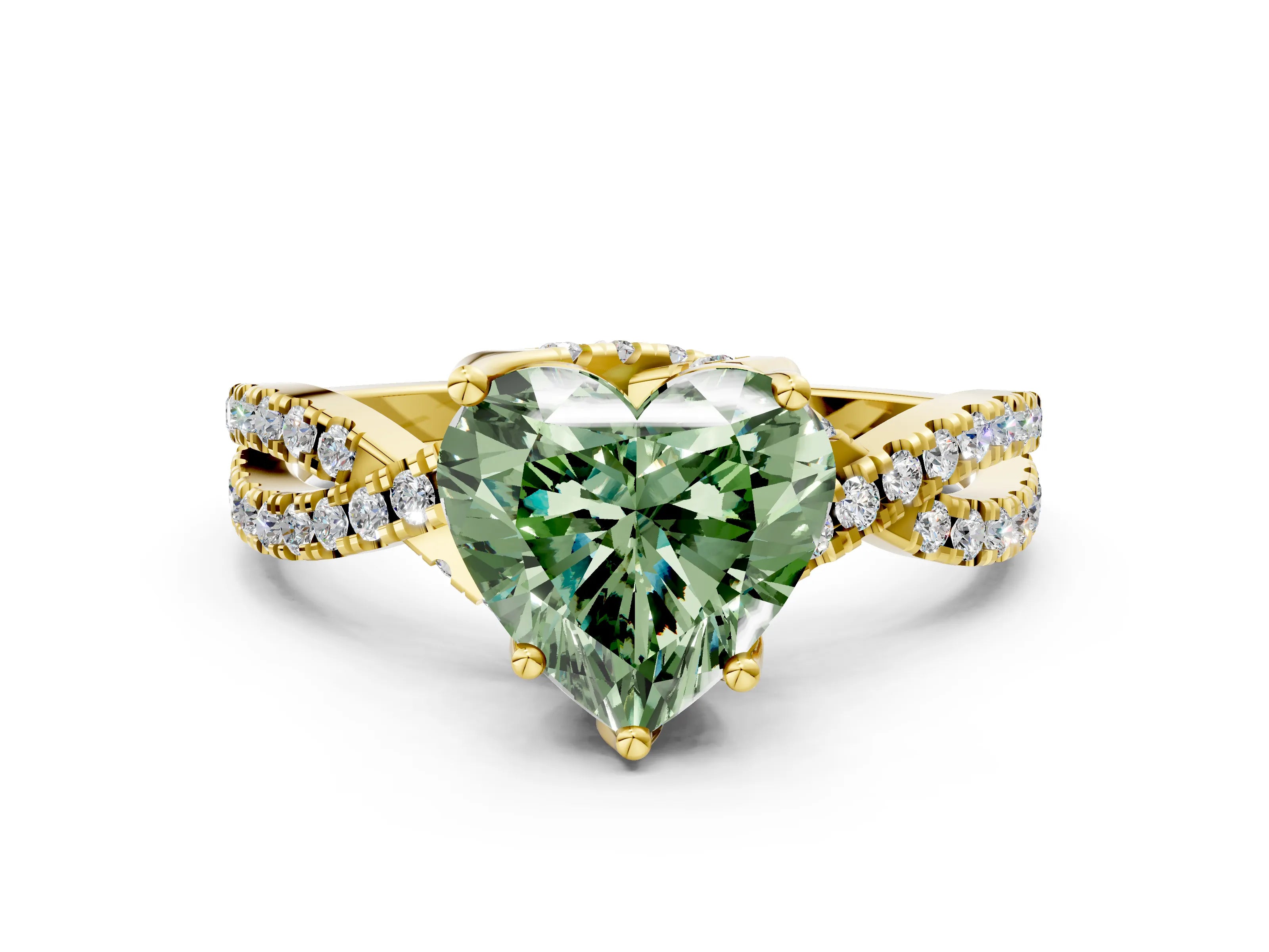 Yellow gold Fancy Green Heart Cut Solitaire Twist Pave Diamond Engagement Ring with Prong Setting