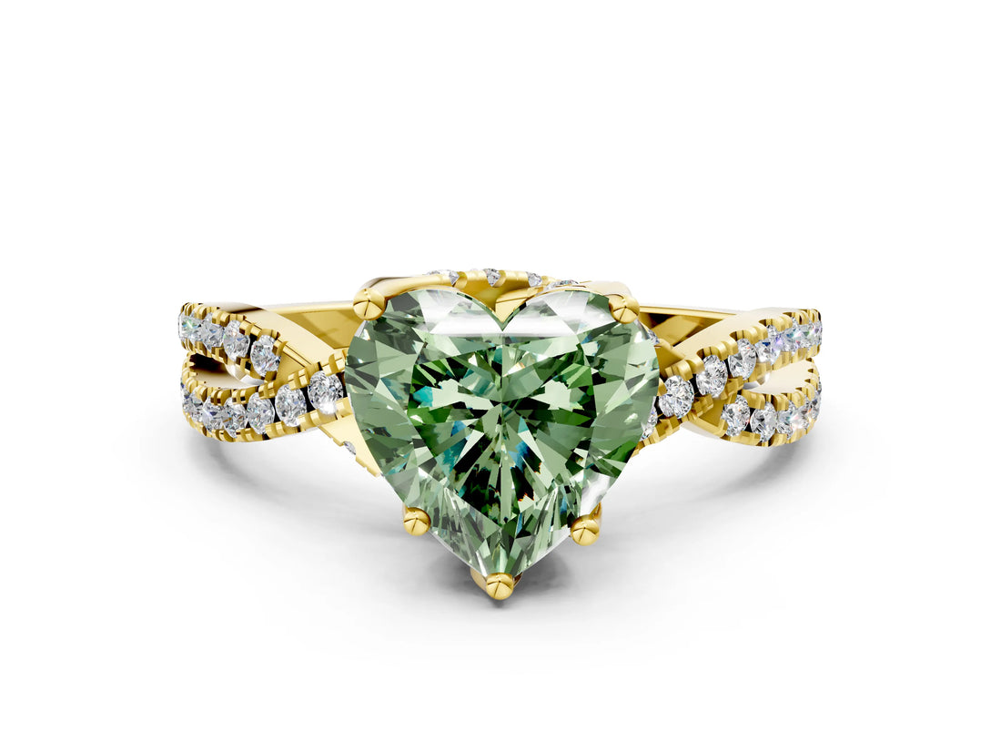 Yellow gold Fancy Green Heart Cut Solitaire Twist Pave Diamond Engagement Ring with Prong Setting