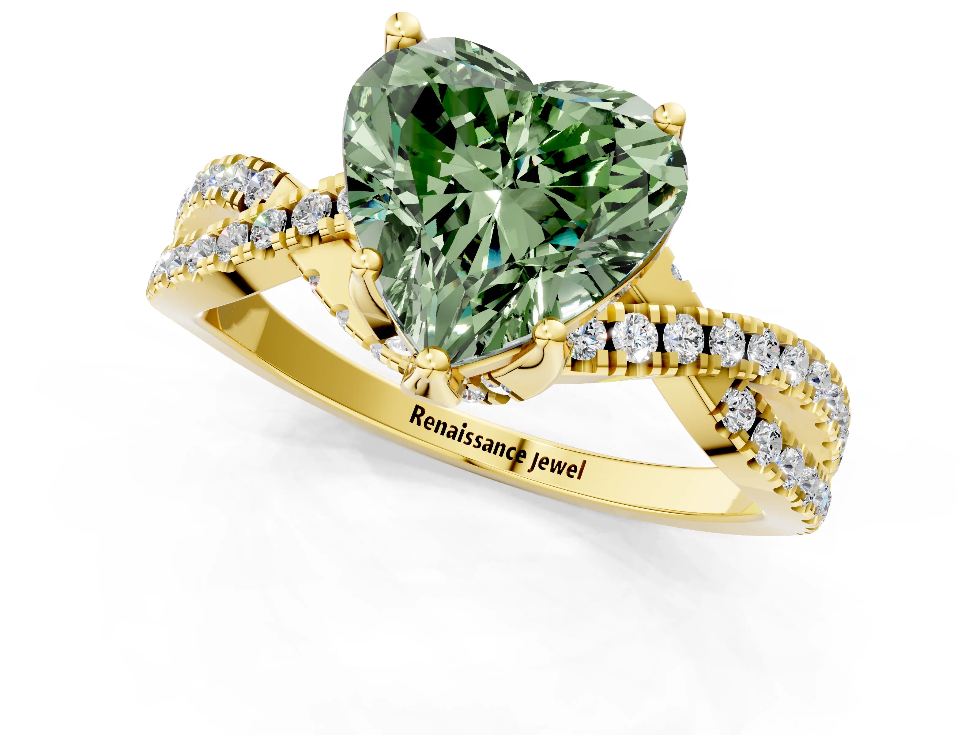 Yellow gold Fancy Green Heart Cut Solitaire Twist Pave Diamond Engagement Ring with Prong Setting_1