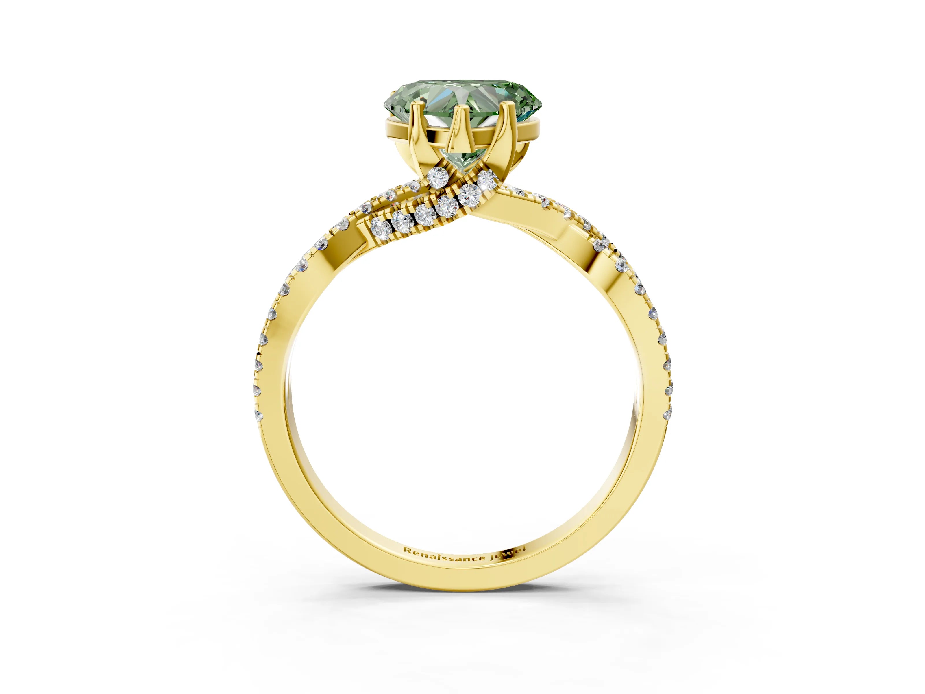 Yellow gold Fancy Green Heart Cut Solitaire Twist Pave Diamond Engagement Ring with Prong Setting_3