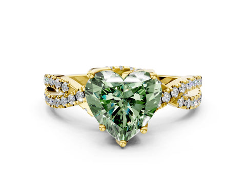 Yellow gold Fancy Green Heart Cut Solitaire Twist Pave Diamond Engagement Ring with Prong Setting