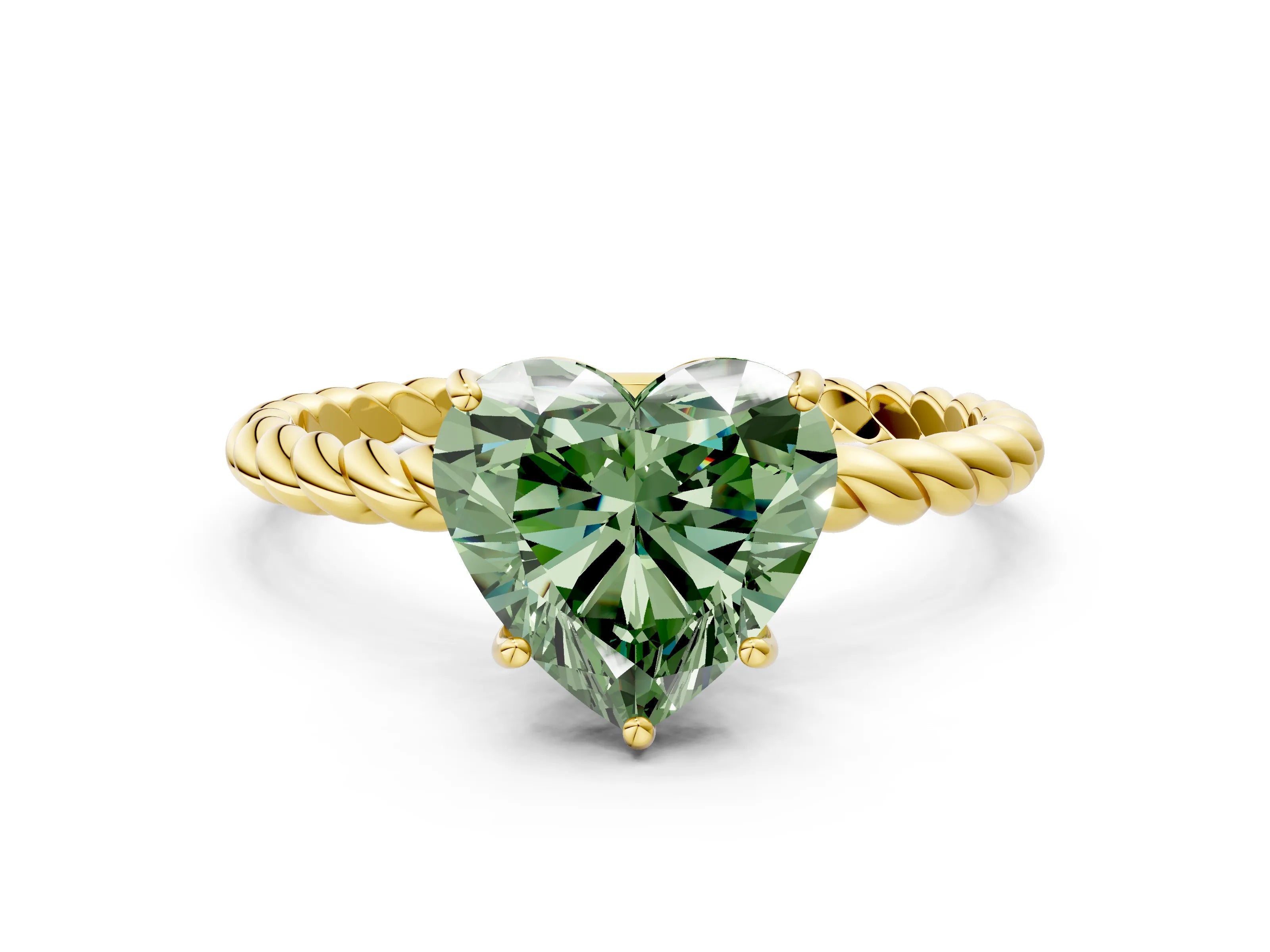 Yellow gold Fancy Green Heart Cut Solitaire Twisted Band 4-Prong Ring