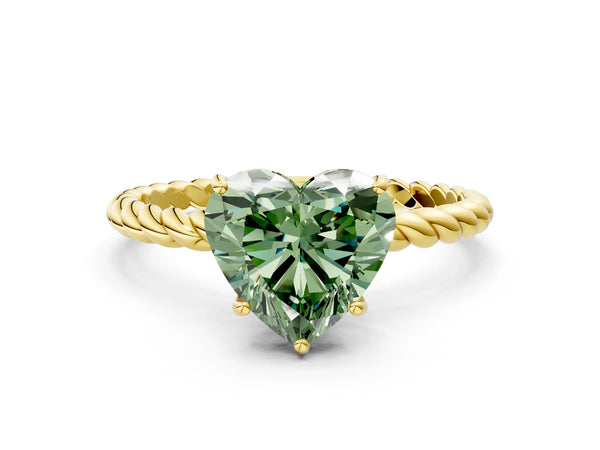 Yellow gold Fancy Green Heart Cut Solitaire Twisted Band 4-Prong Ring