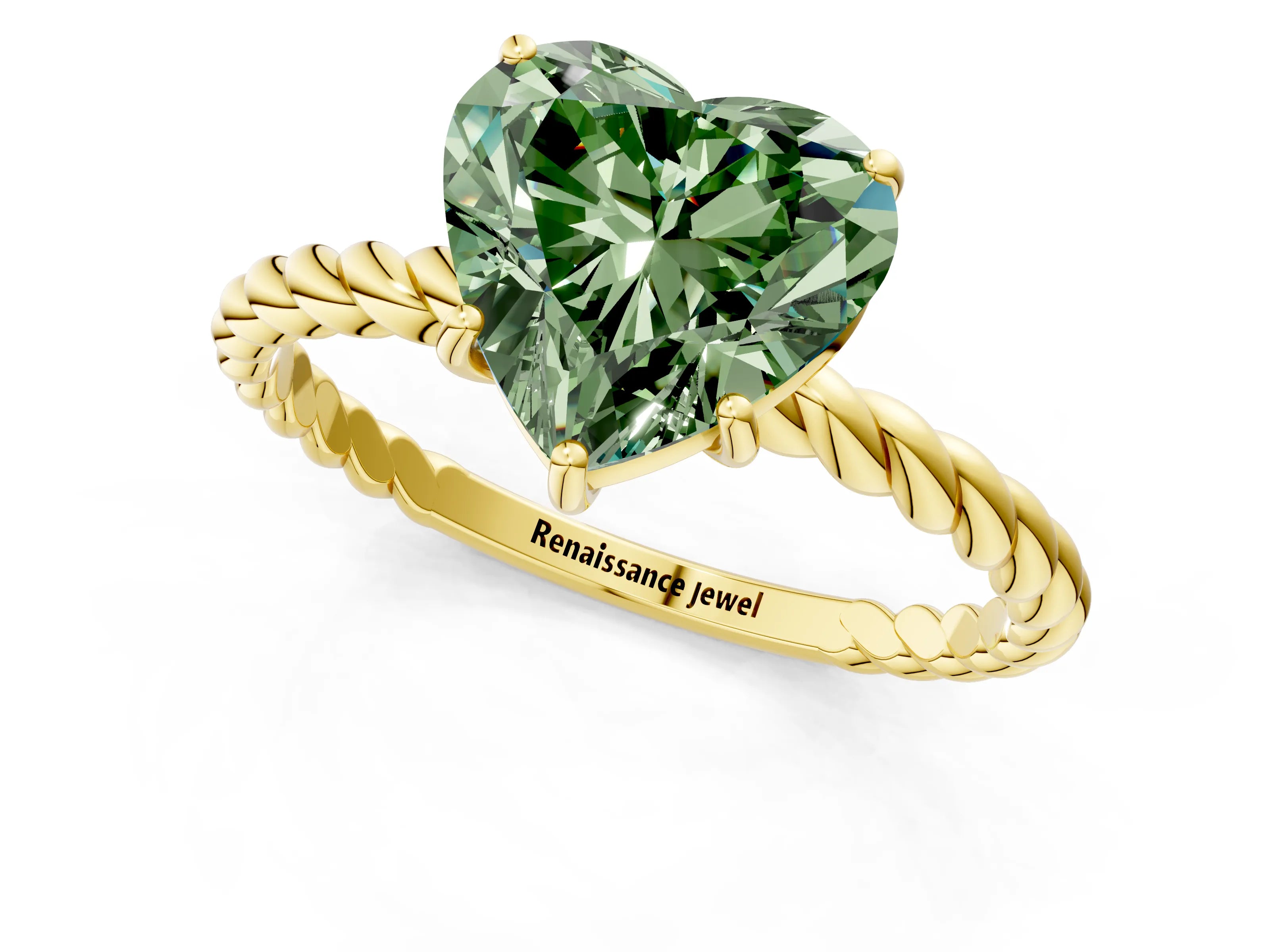 Yellow gold Fancy Green Heart Cut Solitaire Twisted Band 4-Prong Ring_1