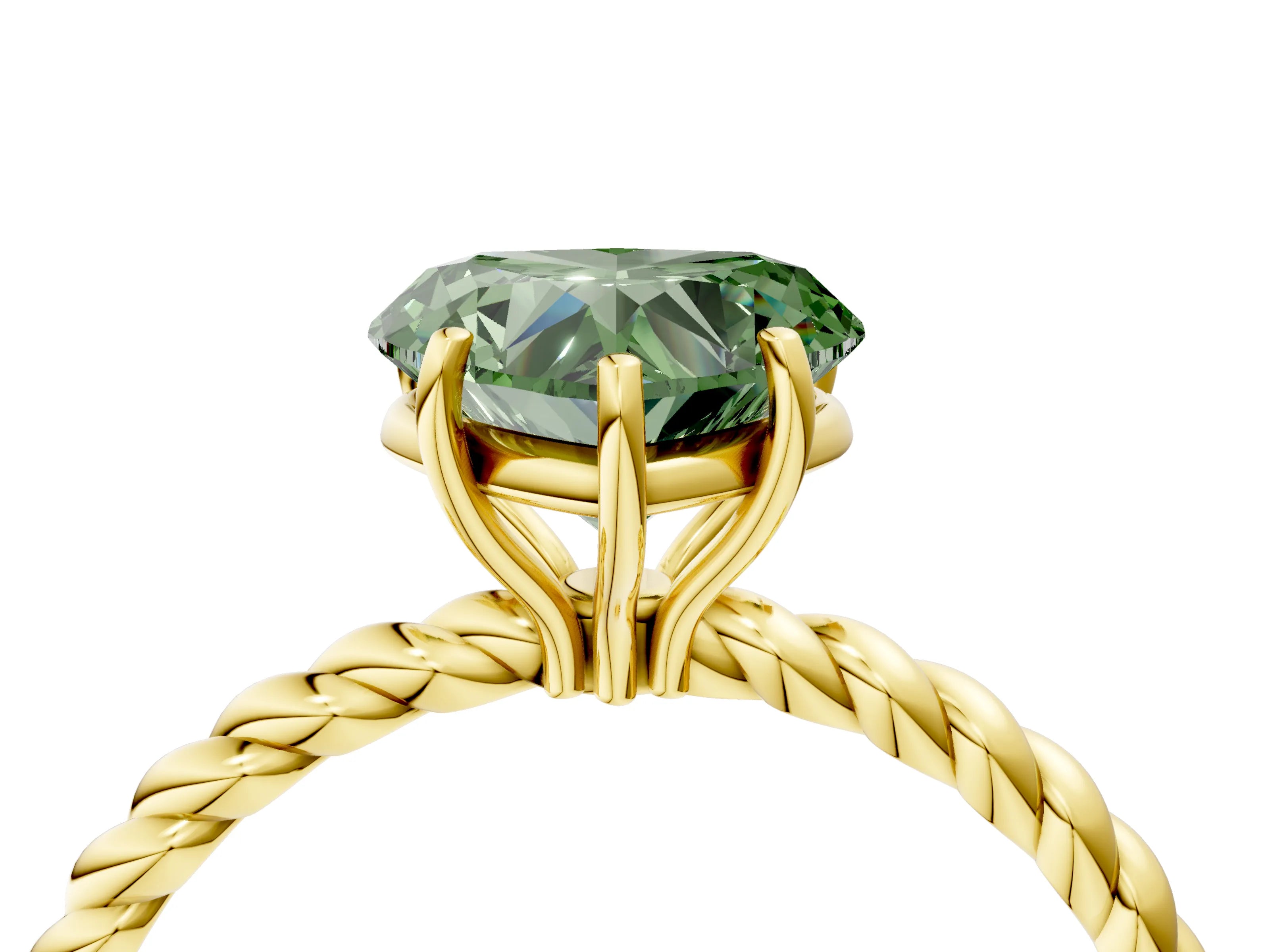 Yellow gold Fancy Green Heart Cut Solitaire Twisted Band 4-Prong Ring_4