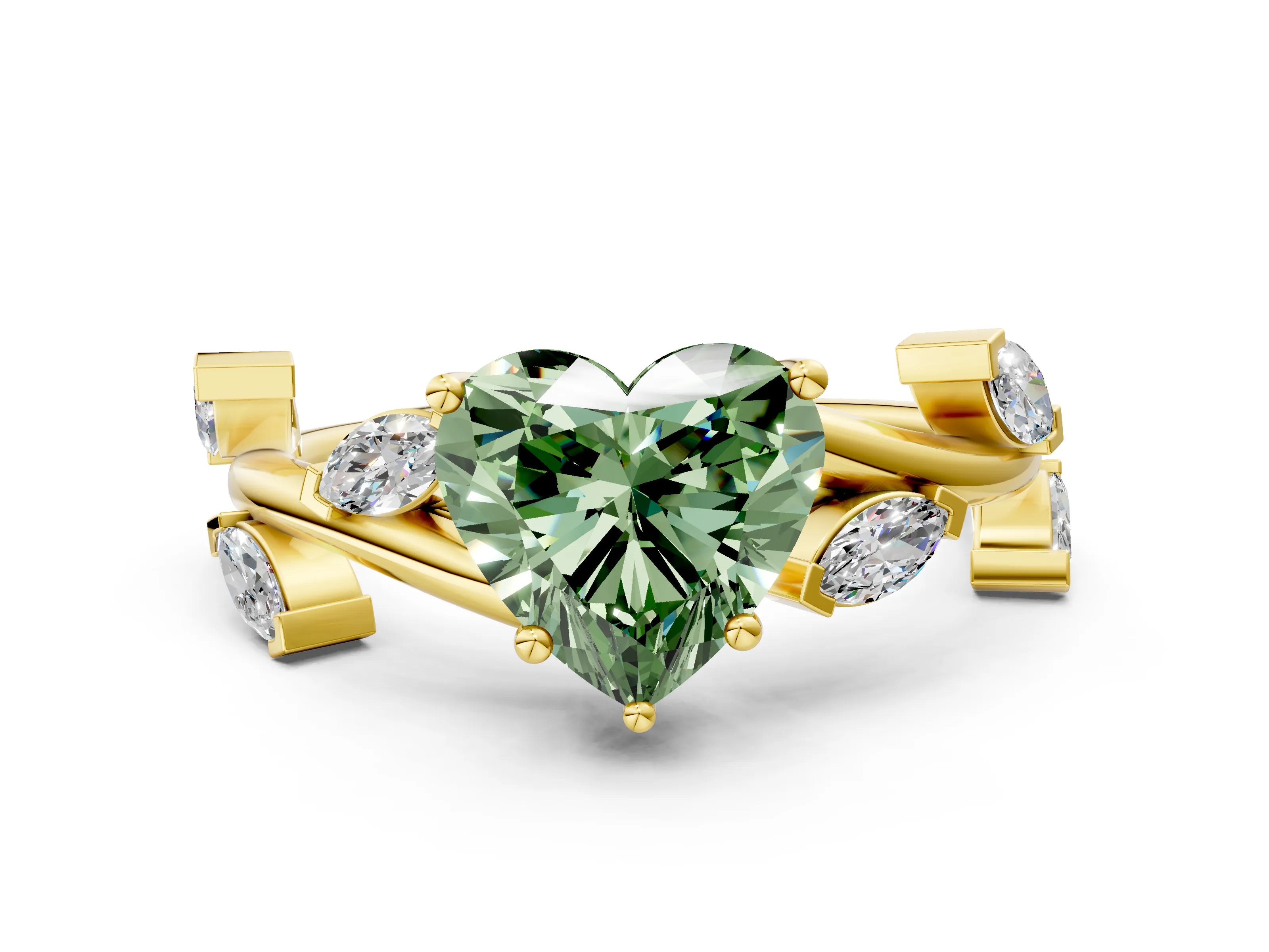 Yellow gold Fancy Green Heart Cut Solitaire Twisted Band Marquise Accent Prong Setting Ring