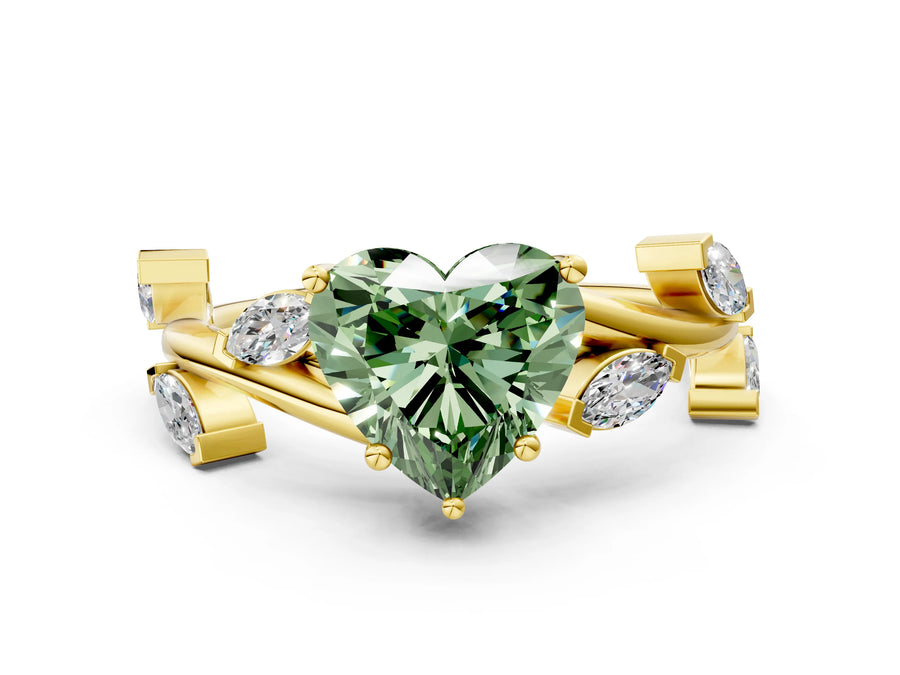 Yellow gold Fancy Green Heart Cut Solitaire Twisted Band Marquise Accent Prong Setting Ring