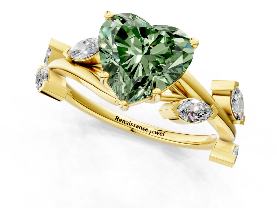 Yellow gold Fancy Green Heart Cut Solitaire Twisted Band Marquise Accent Prong Setting Ring