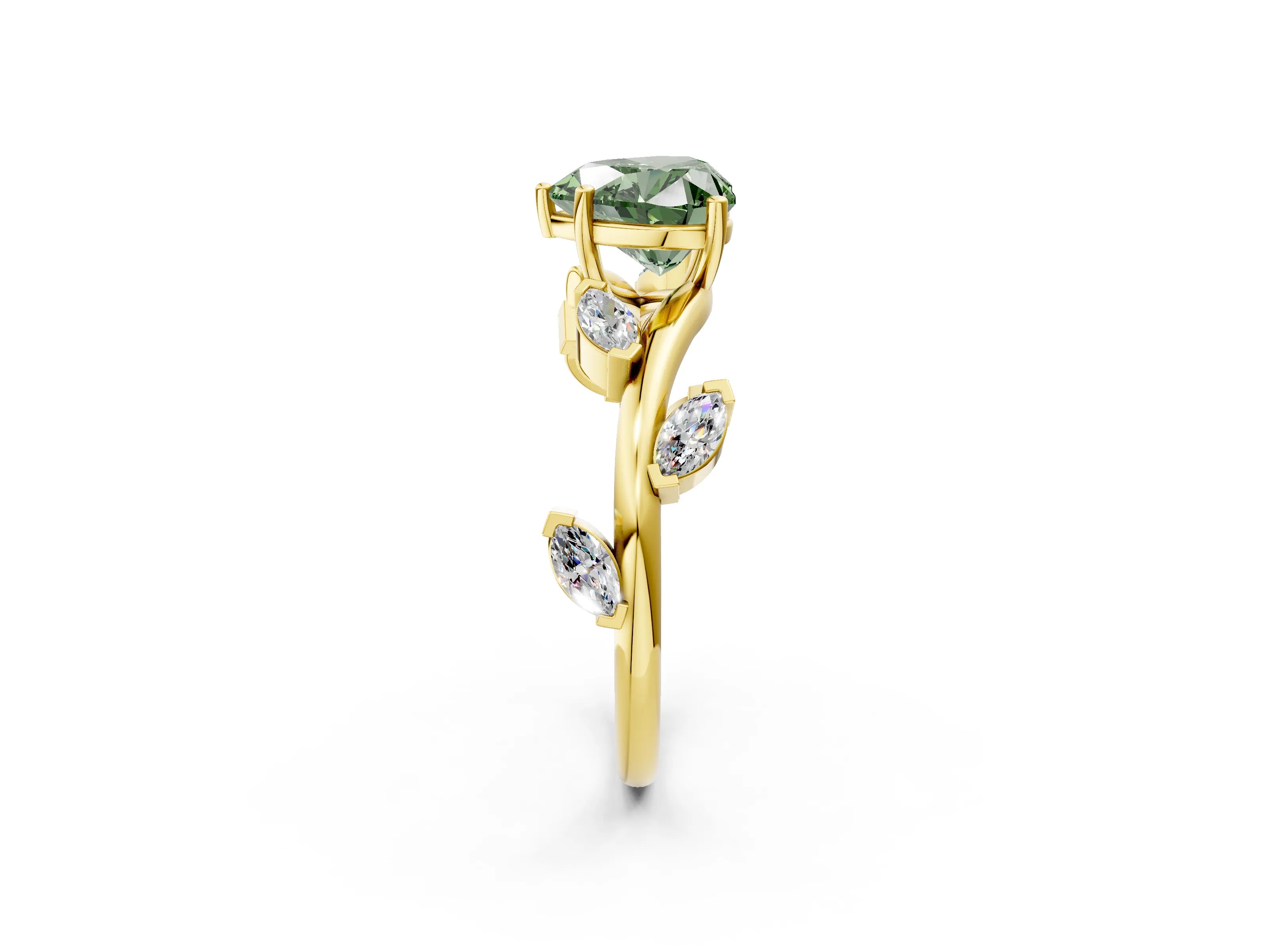 Yellow gold Fancy Green Heart Cut Solitaire Twisted Band Marquise Accent Prong Setting Ring_2