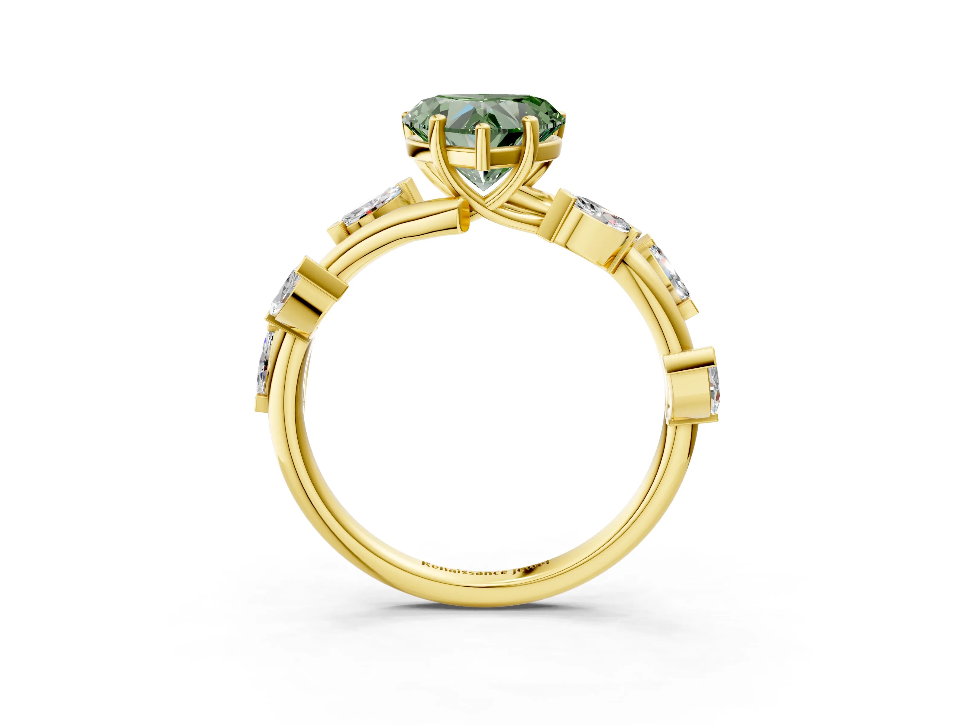 Yellow gold Fancy Green Heart Cut Solitaire Twisted Band Marquise Accent Prong Setting Ring_3