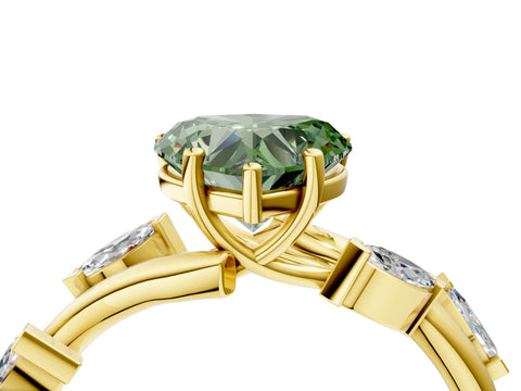 Yellow gold Fancy Green Heart Cut Solitaire Twisted Band Marquise Accent Prong Setting Ring_4