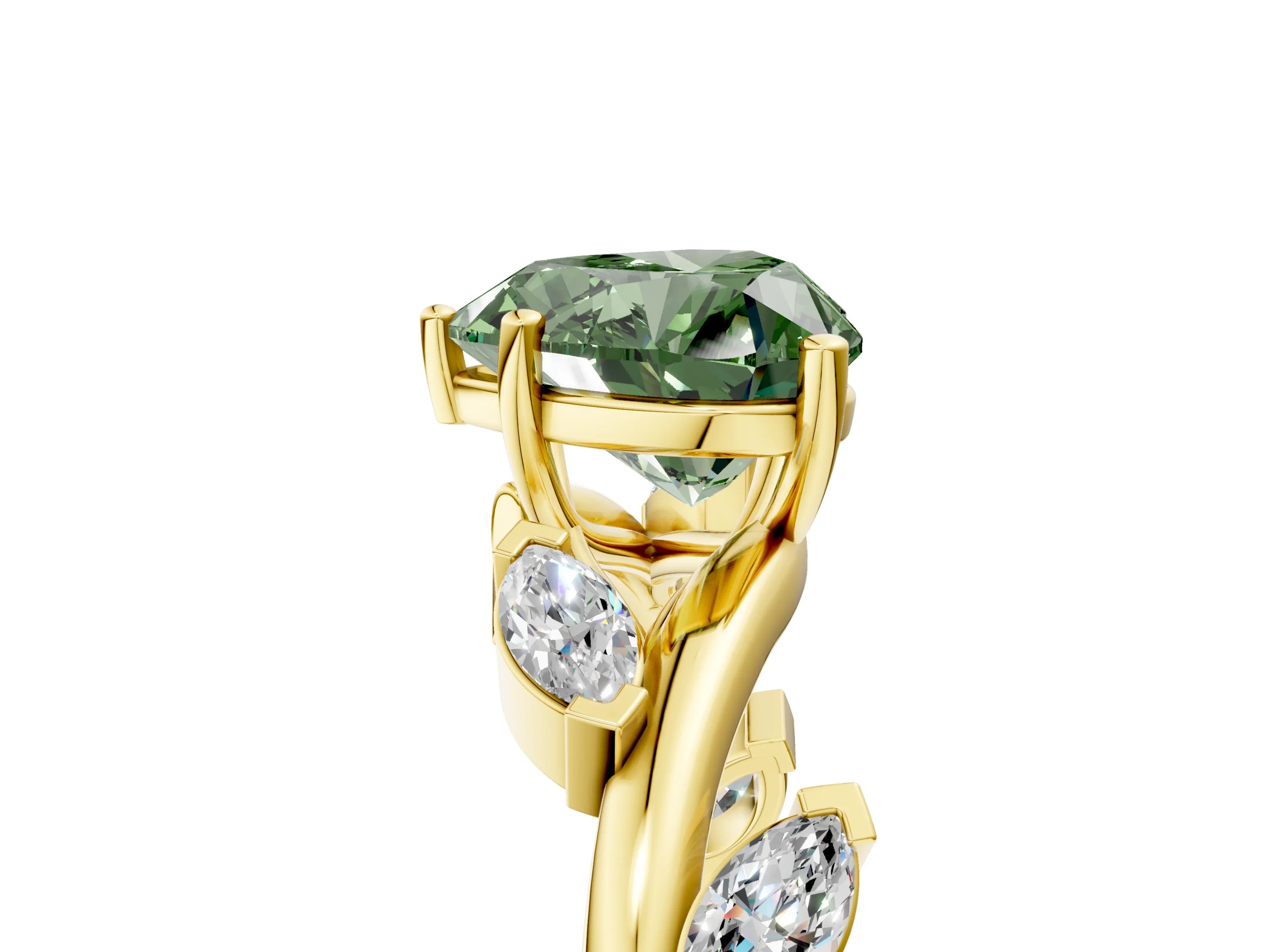 Yellow gold Fancy Green Heart Cut Solitaire Twisted Band Marquise Accent Prong Setting Ring_5
