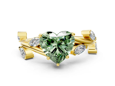 Yellow gold Fancy Green Heart Cut Solitaire Twisted Band Marquise Accent Prong Setting Ring
